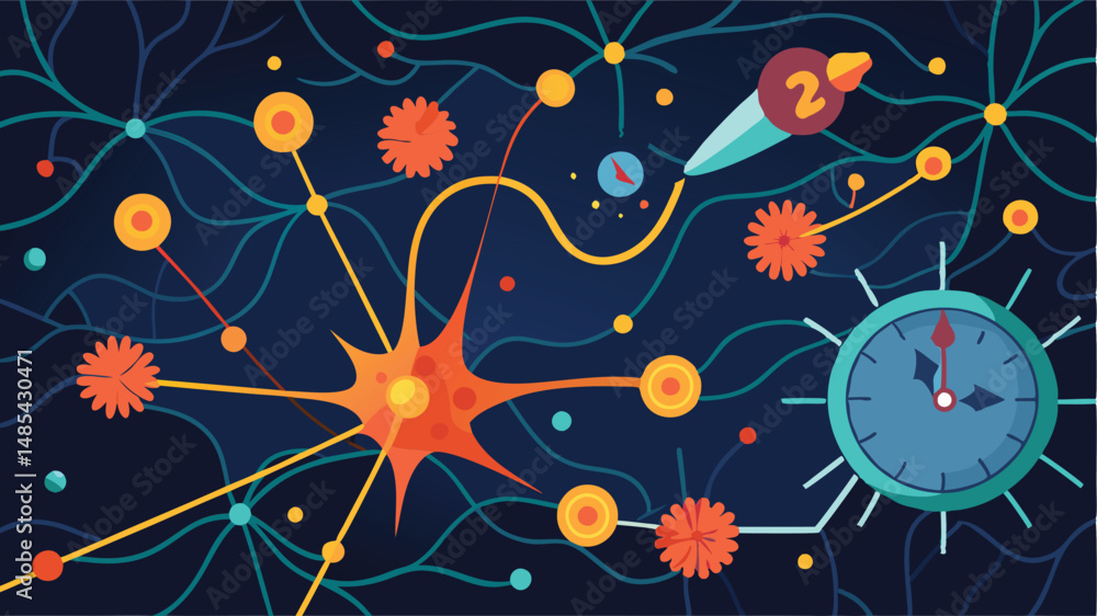 Poster vector illustration showing a vibrant cell structure surrounded by abstract microorganisms and clock
