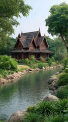 Obraz premium Traditional Wooden House by Calm River in Lush Tropical Setting