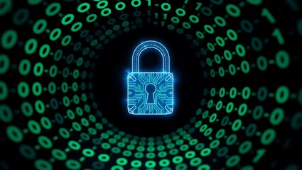 A glowing blue padlock with circuit patterns surrounded by green binary code on a black background