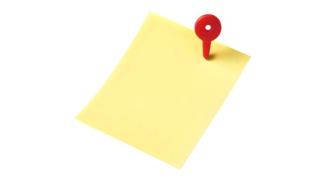 Bright Yellow Sticky Note with Red Pin on White Background for Organizing and Reminders