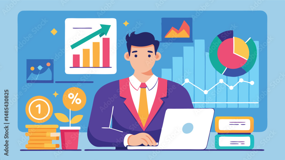 Leinwandbilder professional man working on a laptop, analyzing graphs and charts in a modern office environment wit