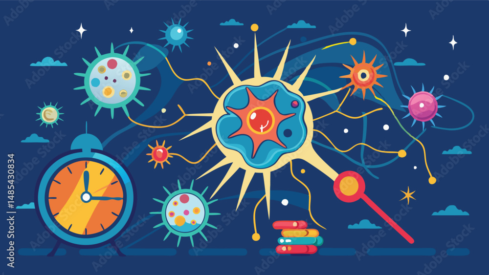 Fototapete Vector illustration showing a vibrant cell structure surrounded by abstract microorganisms and clocks, representing the dynamic interactions in cellular biology