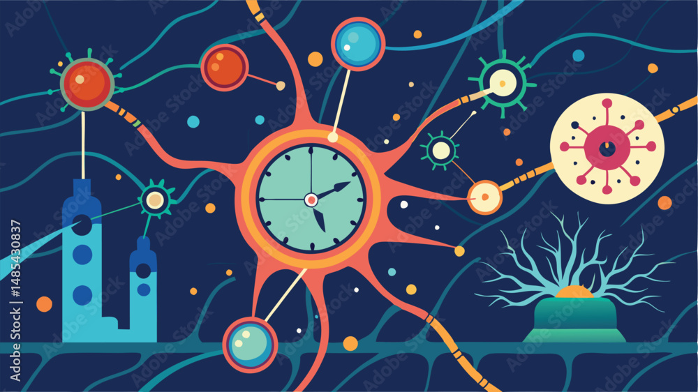 Leinwandbilder vector illustration showing a vibrant cell structure surrounded by abstract microorganisms and clock