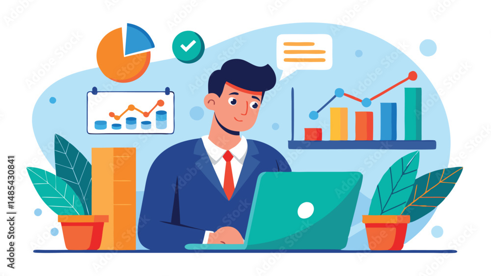 Poster professional man working on a laptop, analyzing graphs and charts in a modern office environment wit