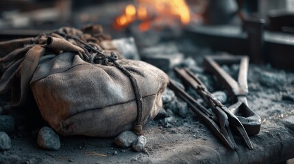 A compact, worn tool bundle rests beside a glowing fire in a rustic forge, symbolizing dedication to age-old craftsmanship.