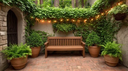 Fototapeta premium Tranquil Courtyard Garden with Wooden Bench and Lush Greenery