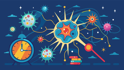 Vector illustration showing a vibrant cell structure surrounded by abstract microorganisms and clocks, representing the dynamic interactions in cellular biology