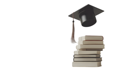 Graduation Cap and Diploma Floating Above Stack of Books