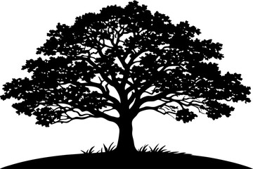 Oak tree on hill silhouette vector illustration