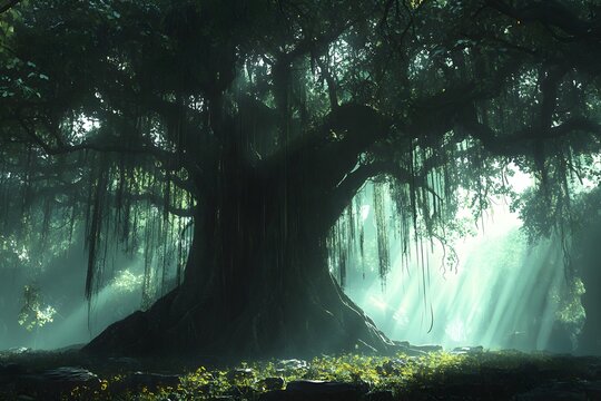 Majestic ancient banyan tree in a lush forest with sunbeams and mystical atmosphere