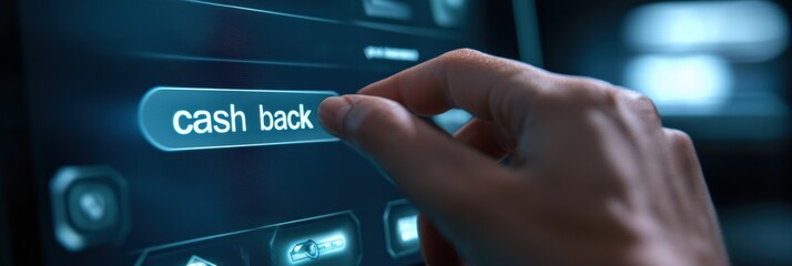 Hand pushes button on touch screen interface for cash back transaction in a modern setting