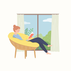 Young girl reading a book on a sofa vector illustration