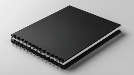 A closed, blank, black, spiral notebook sits angled on a white background. Use this for notes, mockups, journal layouts, lists, or presentations.