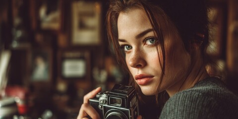 Close-up portrait of a young woman holding a vintage camera.
