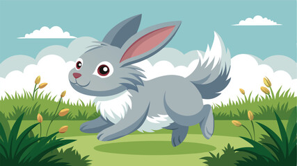 Cute grey rabbit hopping through a sunny meadow filled with flowers and soft clouds in the background during a bright spring day