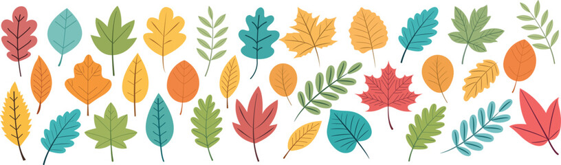 Obraz premium Colorful Autumn Leaves Collection Flat Hand Drawn Fall Foliage Vector Set