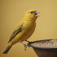 Obraz premium A canary singing with its beak open, on a light yellow background.