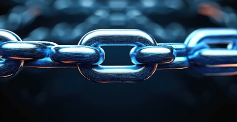 Close-up view of a shiny metallic chain with a smooth, reflective surface highlighted by blue lighting in a dark setting, emphasizing strength and connection
