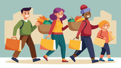 Shopping together during autumn with cheerful friends carrying bags in a vibrant outdoor setting and enjoying the seasonal atmosphere
