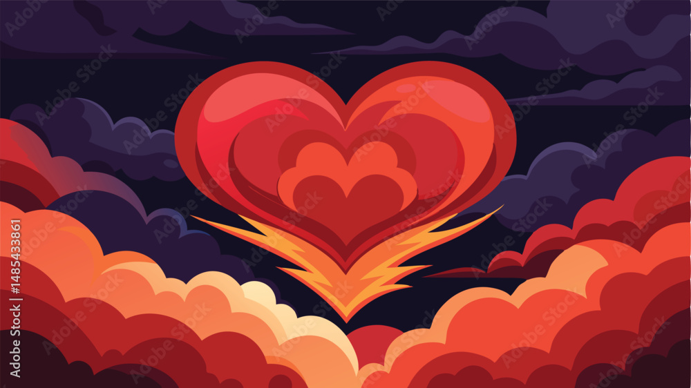 Poster bold vector illustration of a vibrant heart surrounded by dynamic clouds and energetic bursts, symbo