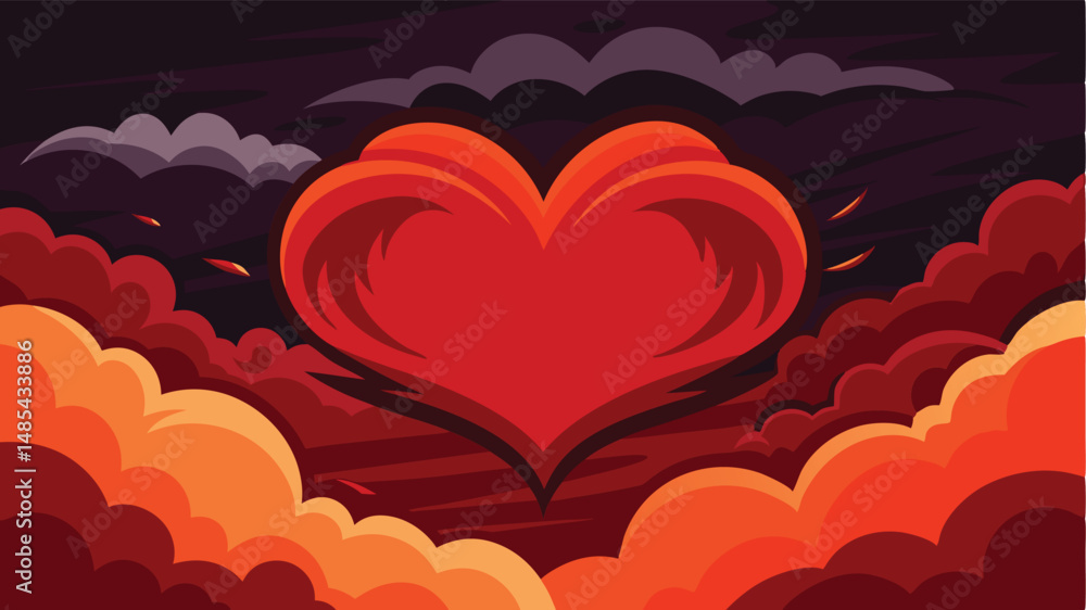 Poster bold vector illustration of a vibrant heart surrounded by dynamic clouds and energetic bursts, symbo