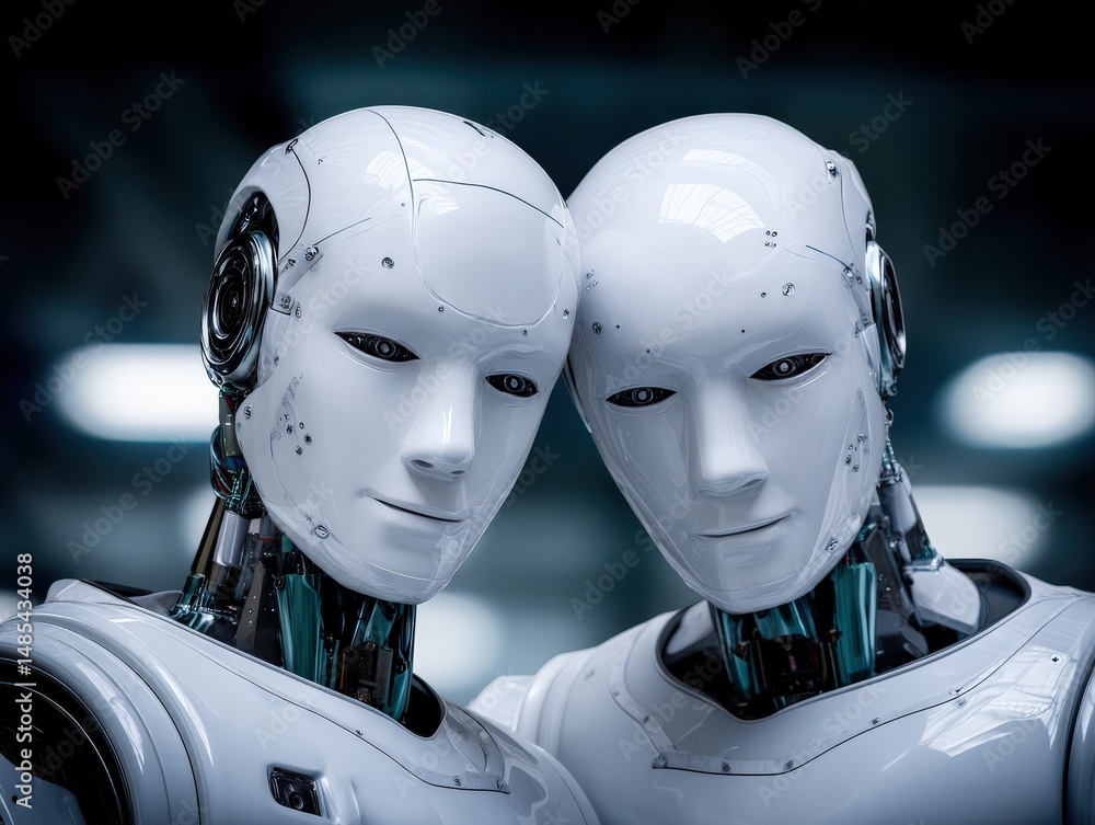 Poster two humanoid robot companions joyfully connecting through technology showcasing advanced ai features