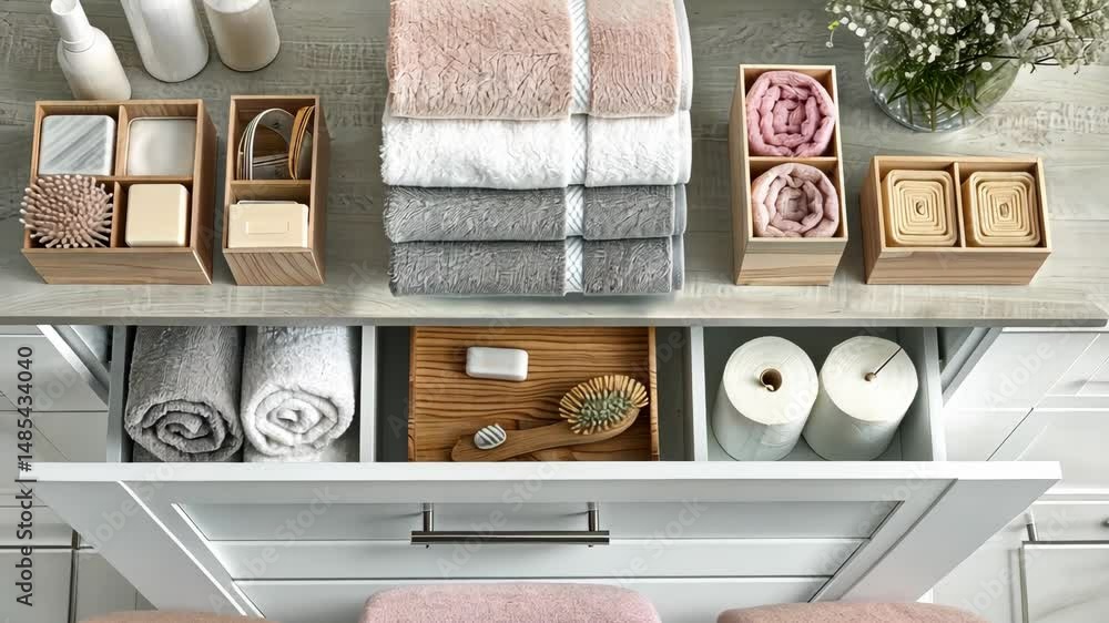 Poster soft towels and bathroom accessories are arranged neatly in a minimalist setting promoting cleanline
