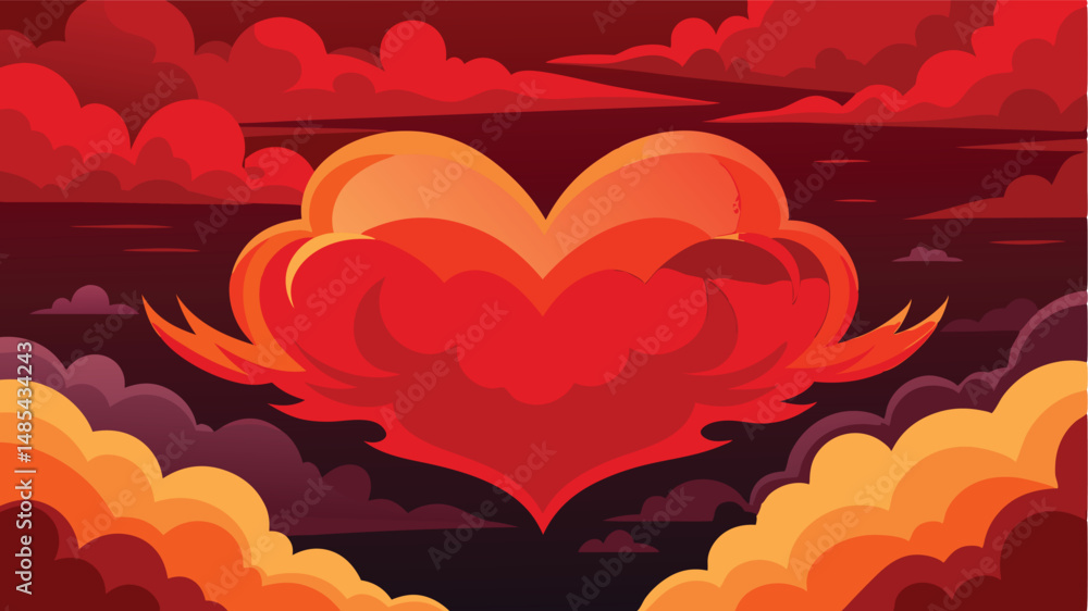Poster bold vector illustration of a vibrant heart surrounded by dynamic clouds and energetic bursts, symbo