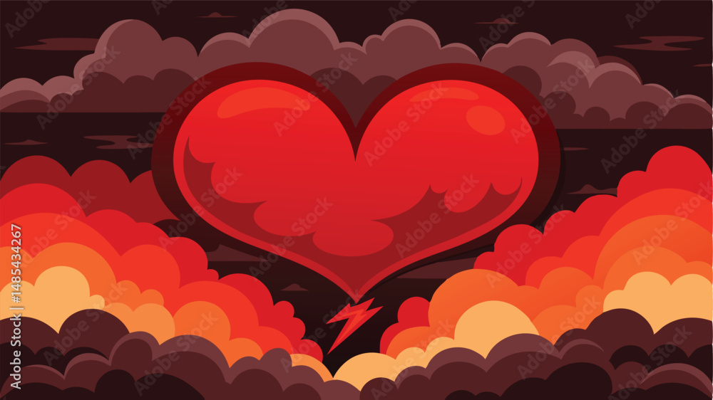 Poster bold vector illustration of a vibrant heart surrounded by dynamic clouds and energetic bursts, symbo
