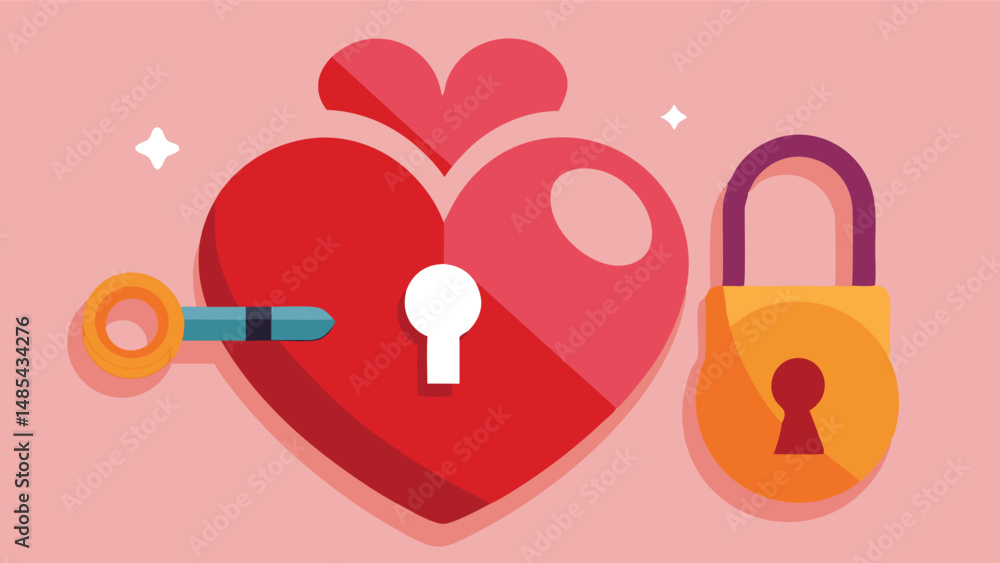 Aufkleber Heart shaped lock and key vector illustration featuring a padlock and key image representing love and security in relationships