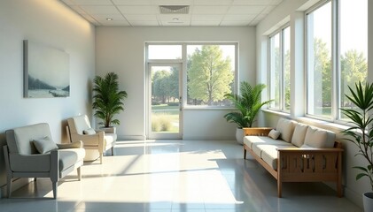 Obraz premium Clean, modern doctor's office waiting area with comfortable seating and natural light , contemporary, tidy