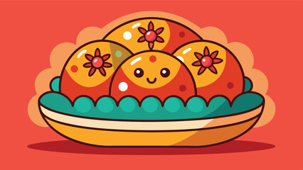 Delicious vector clipart of a smiling sweet dessert on a decorative plate surrounded by fresh leaves showcasing vibrant colors and playful design