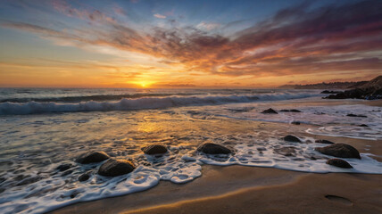 Obraz premium Sunrise Over Rocky Beach: Ocean Waves and Golden Light