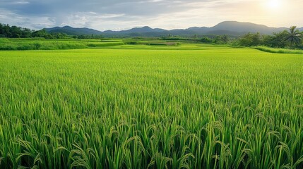 Vast green rice field at sunset with distant mountains under a partly cloudy sky and a palm tree on the right