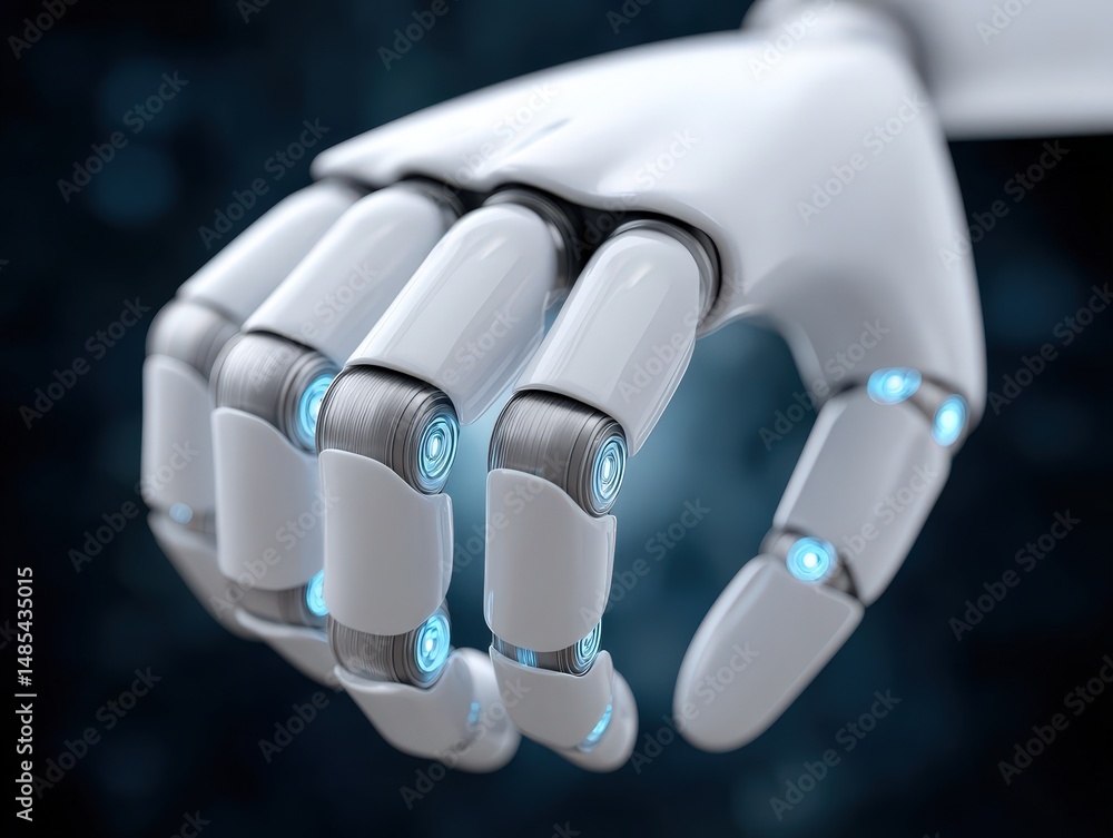 Poster robotic hand gripping digitally illuminated elements showcasing futuristic technology and advanced m