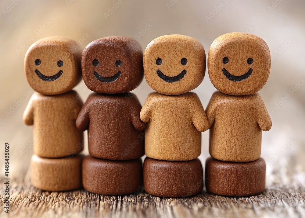 Poster wooden figures with smiling faces portraying unity and friendship among diverse characters on a rust