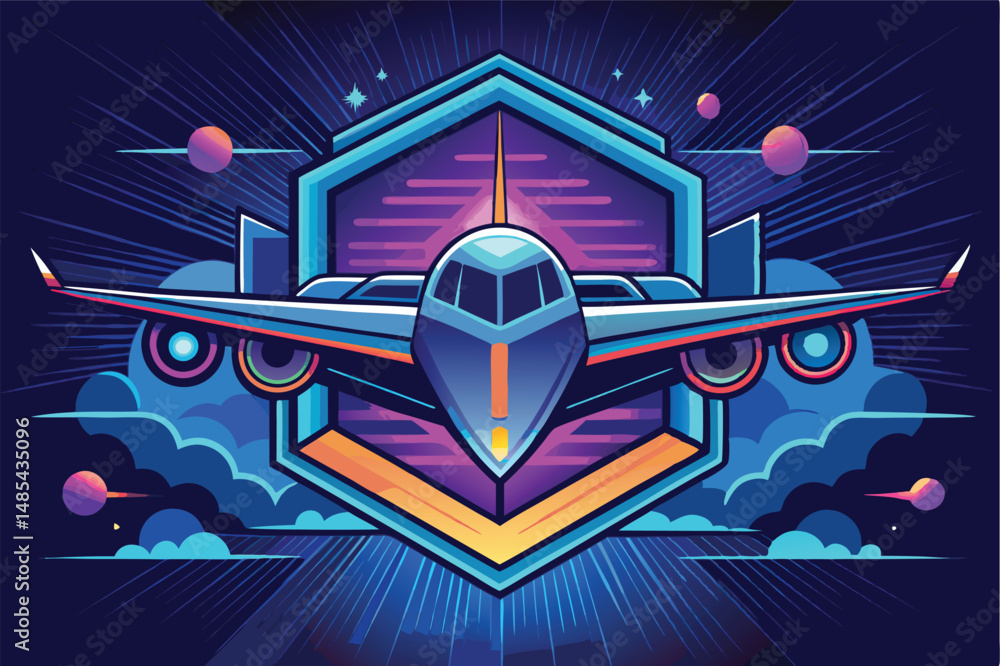 Poster colorful vector illustration of an airplane flying through clouds in a vibrant cosmic background wit