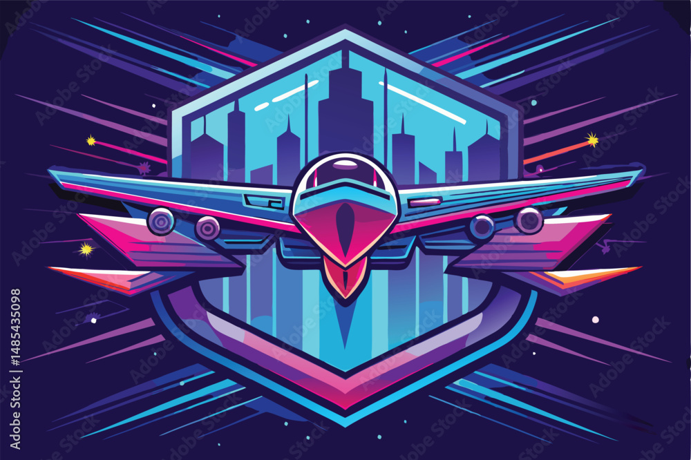 Poster Colorful vector illustration of an airplane flying through clouds in a vibrant cosmic background with geometric shapes and stylized effects