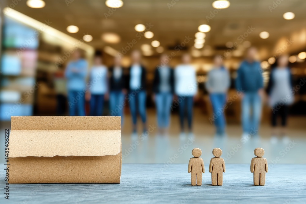 Poster close-up of cardboard box and small figurines in a retail environment with blurred background of cus