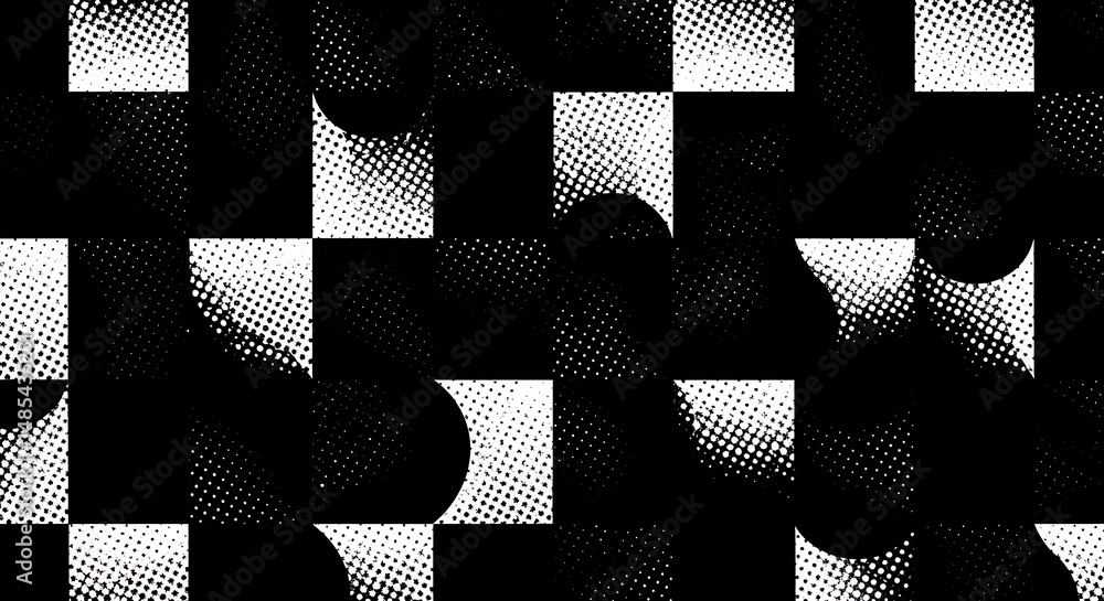 Poster abstract black and white checkerboard pattern with overlapping circles a high-contrast graphic desig
