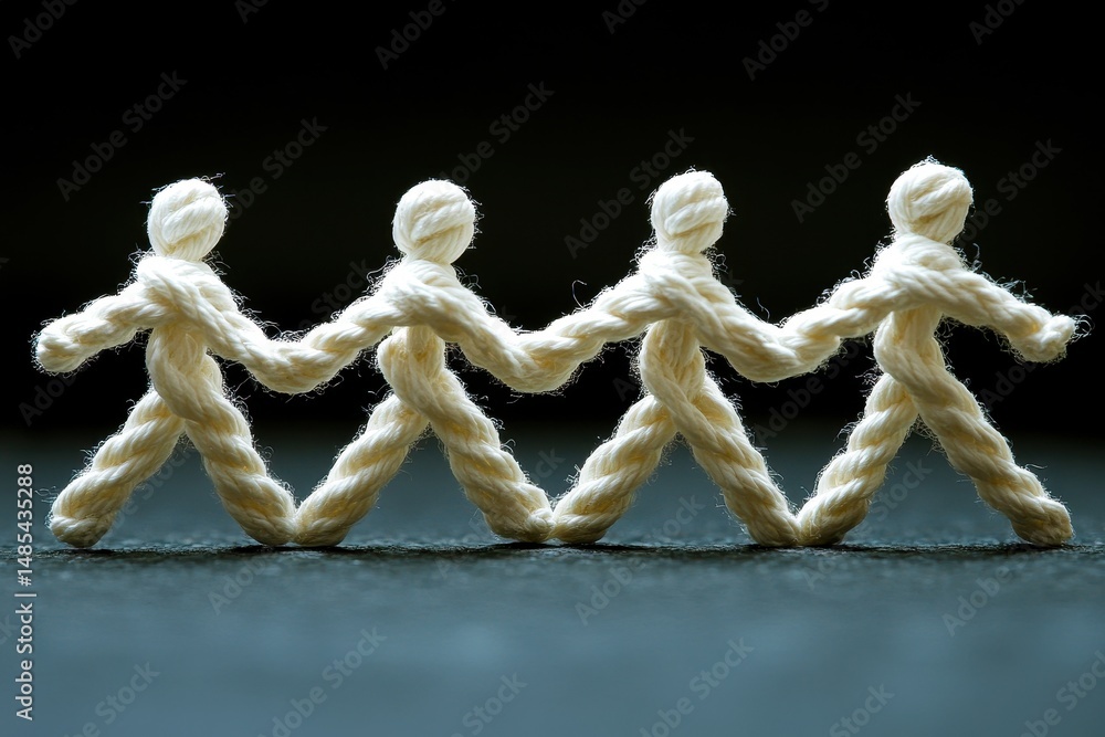 Aufkleber unique artistic representation of four linked figures made from twisted rope, symbolizing unity, con