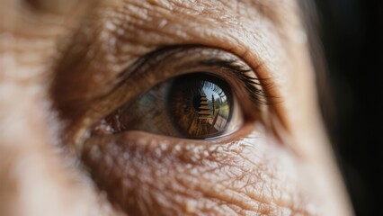 Close-up of human eye with distant horizon sharply focused through pupil, symbolizing vision boundaries and perspective, shallow depth of field. Concept of seeing beyond limits and exploring new horiz