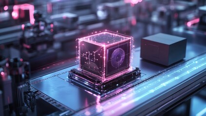 Futuristic digital cube with glowing holographic data