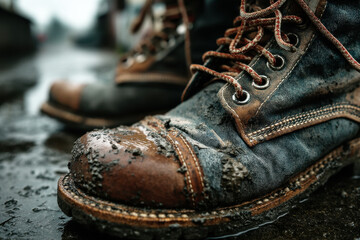 Dirty work boots on a wooden porch.