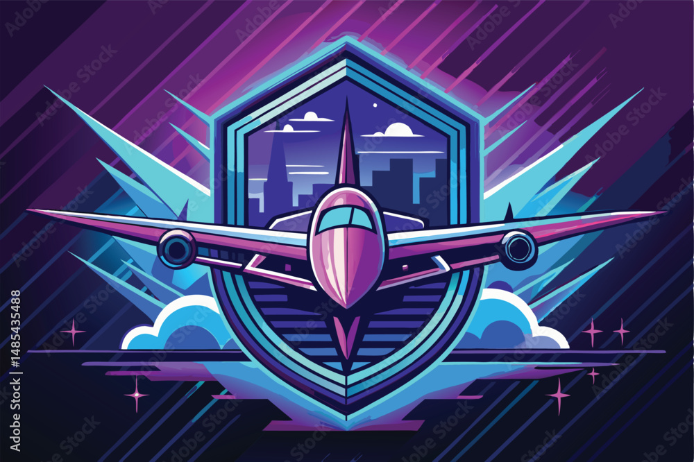 Poster colorful vector illustration of an airplane flying through clouds in a vibrant cosmic background wit