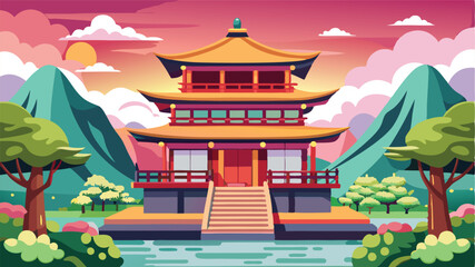 Beautiful vector illustration of an Asian pagoda surrounded by mountains and trees at sunset with a colorful sky
