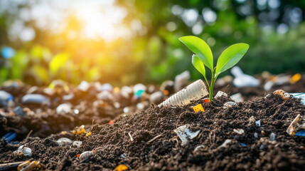 Small plant growing from plastic waste in fertile soil, concept of ecology, pollution and hope for environment