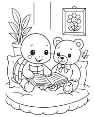 Coloring book turtle and a teddy bear sit together on a comfy cushion, reading a book