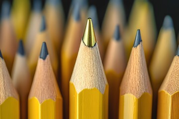 Close up of yellow pencils with sharpened graphite tips and gold ferrule detail