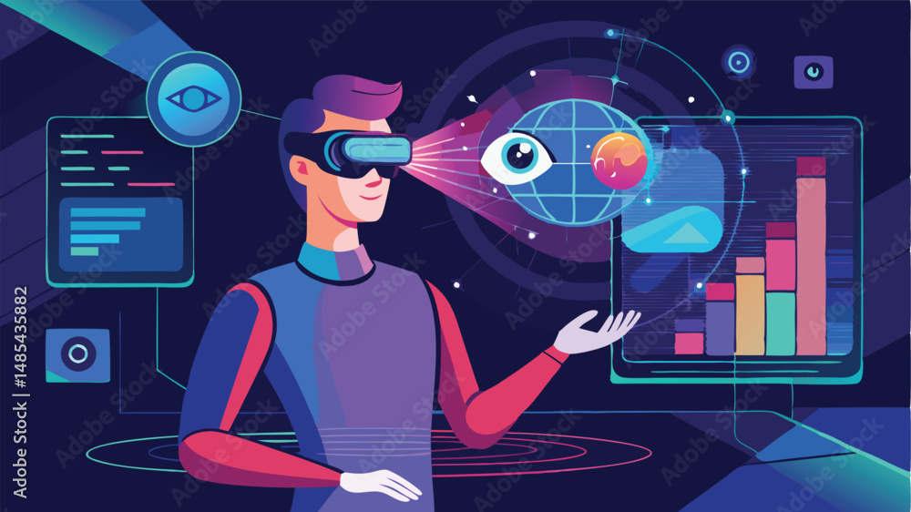 Poster Virtual reality experience with a user wearing VR goggles interacting with digital graphics and data in a futuristic environment